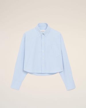 Ami Paris Cropped Cotton Shirt With Embossed Ami De Coeur - Blue