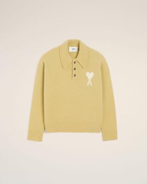 Ami Paris Alpaca Long Sleeves Ami De Coeur Polo - Yellow