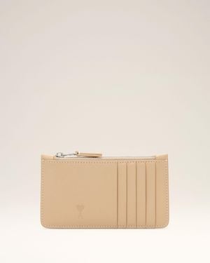 Ami Paris Zipped Cowhide Leather Card Holder With Ami De Coeur - Natural