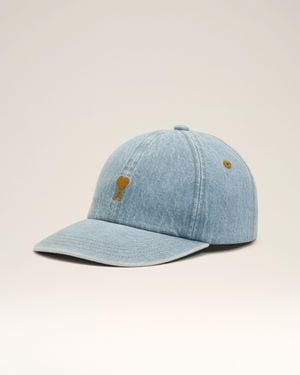 Ami Paris Denim Cotton Cap With Ami De Coeur - Blue