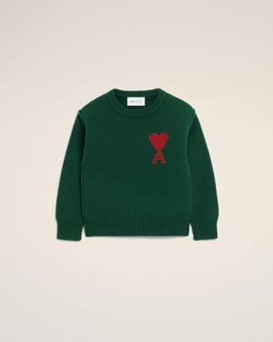 Ami Paris Crewneck Wool Jumper With Ami De Coeur - Green