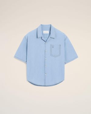 Ami Paris Boxy Cotton Short-Sleeve Shirt With Ami De Coeur - Blue