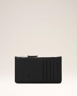 Ami Paris Zipped Cowhide Leather Card Holder With Ami De Coeur - Black