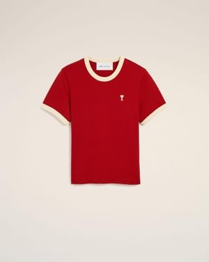 Ami Paris Contrasted Cotton T-Shirt With Ami De Coeur - Red