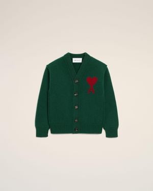 Ami Paris Wool Cardigan With Ami De Coeur - Green