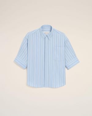 Ami Paris Large Striped Cotton Short-Sleeve Shirt With Embossed Logo - Blue