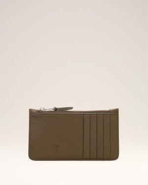 Ami Paris Zipped Cowhide Leather Card Holder With Ami De Coeur - Natural