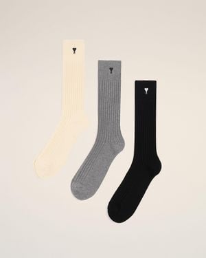Ami Paris Cotton Three Pack Ami De Coeur Socks - Natural
