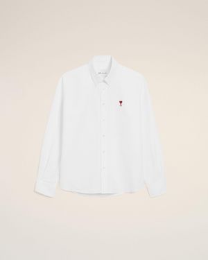 Ami Paris Cotton Classic Long Sleeve Shirt Button Down Collar With Embroidered Adc - Natural