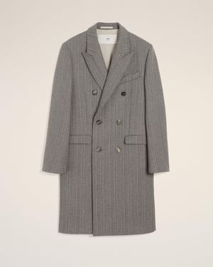 Ami Paris Wool Herringbone Double Breasted Coat - Grey