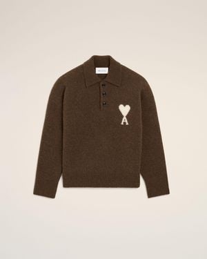 Ami Paris Polo Marron En Alpaga Ami De Coeur Marron Chocolat & Ecru