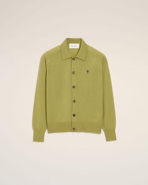 Ami Paris Wool Shirt Collar Ami De Coeur Cardigan - Green