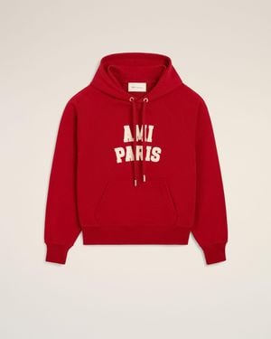 Ami Paris Cotton Hoodie With Embroidery - Red