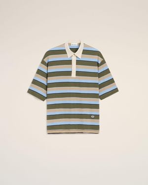Ami Paris Striped Cotton Ami Patch Polo - Blue