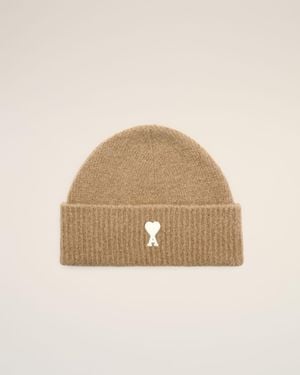 Ami Paris Alpaca Beanie With Ami De Coeur - Natural