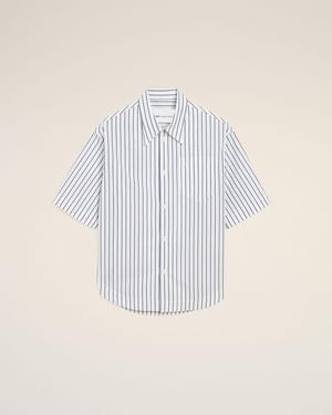 Ami Paris Striped Cotton Short Sleeve Ami De Coeur Wide Shirt - White