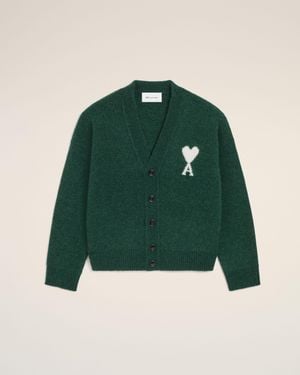 Ami Paris Cardigan Vert En Alpaga Ami De Coeur Vert Bouteille & Ecru