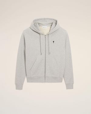 Ami Paris Zipped Cotton Hoodie With Ami De Coeur - Grey