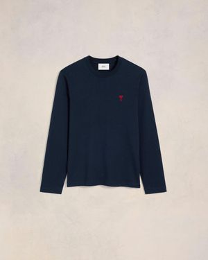 Ami Paris Logo-Embroidered Organic-Cotton Long-Sleeved T-Shirt - Blue