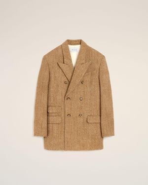 Ami Paris Double Breasted Herringbone Wool Blazer - Natural