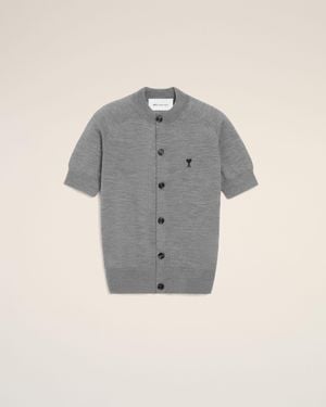 Ami Paris Cardigan Gris Manches Courtes Ami De Coeur En Laine