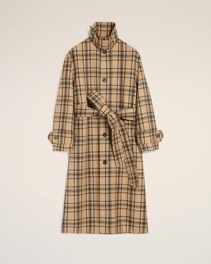 Ami Paris Wool Checked Belted Mac - Natural