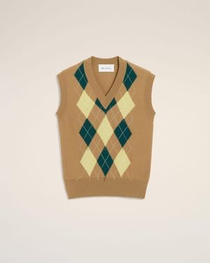 Ami Paris Wool And Cotton Argyle Intarsia Sleeveless Jumper - Natural
