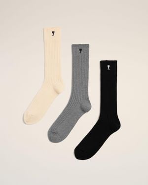 Ami Paris Cotton Three-Pack Socks With Ami De Coeur - Natural