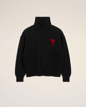 Ami Paris Pull Col Cheminee Avec Ami De Coeur Contraste En Laine - Noir