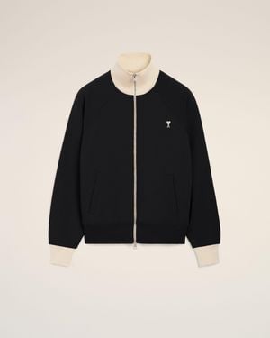 Ami Paris Zipped Cotton Sweatshirt With Ami De Coeur - Black