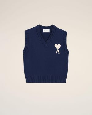Ami Paris Wool And Cotton Sleeveless Ami De Coeur Jumper - Blue
