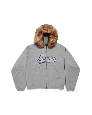 Balenciaga Luxury Script Oversized Zip-Up Hoodie - Grey