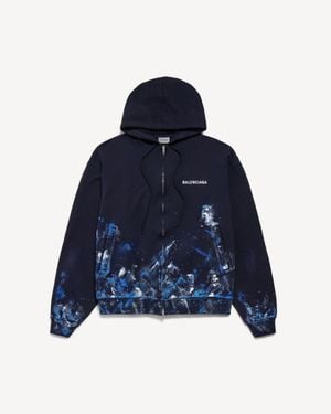 Balenciaga Paint Splatter Oversized Zip-Up Hoodie - Blue