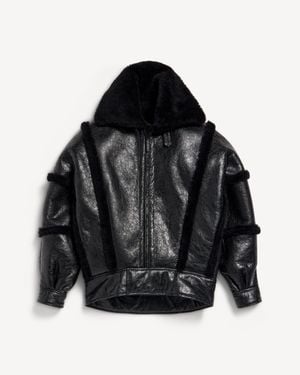Balenciaga High Collar Leather Jacket With Shearling Details And Lining - Black