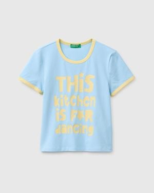 Benetton Benetton, Camiseta Con Estampado De Letras, Talla, Azul Claro, Mujer - Negro