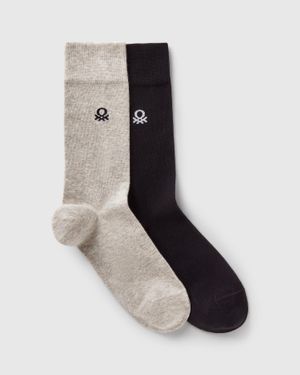 Benetton Benetton, Due Paia Di Calzini Alti, Multicolore, Donna - Nero