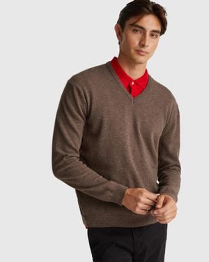 Benetton Benetton, Pull Col V Gris En Pure Laine Mérinos, Taille, Gris, Homme - Noir