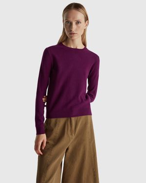 Benetton Benetton, Suéter Morado De Cuello Redondo En Lana Merino, Talla, Ciruela, Mujer