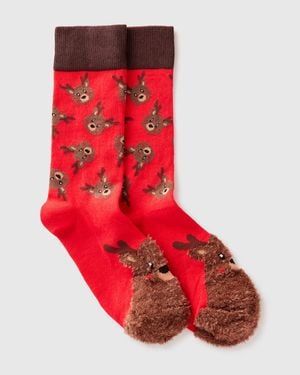 Benetton Benetton, Socks With Reindeer Inlay - Red