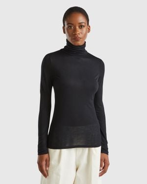 Benetton Benetton, Camiseta De Cuello Alto En Mezcla De Viscosa Y Cachemir, , Negro, Mujer