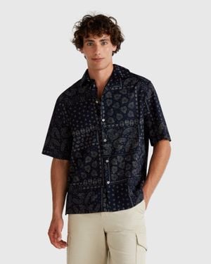 Benetton Benetton, Camisa Estampada Manga Corta, Azul Oscuro, Hombre - Negro