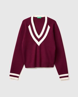 Benetton Benetton, Kastenförmiger V-Ausschnitt-Pullover, Größe, Bordeaux, Damen - Rot