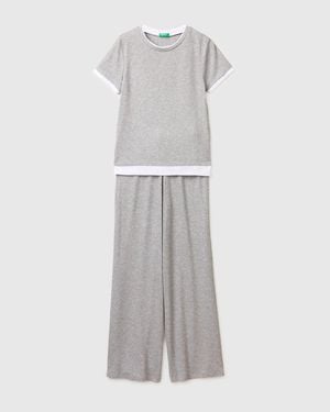 Benetton Benetton, Pyjama Aus Gerippter Viskose, Größe, Hellgrau, Damen - Schwarz