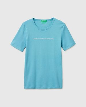 Benetton Benetton, Short Sleeve T-Shirt With Glitter Logo - Blue