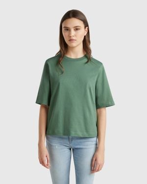 Benetton Benetton, T-Shirt Boxy Fit 100% Cotone, Verde Scuro, Donna