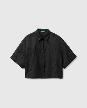Benetton Benetton, Camicia Cropped Con Ricami Floreali, Taglia, Nero, Donna