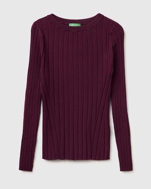 Benetton Benetton, Suéter Ajustado De Canalé, Talla, Burdeos, Mujer - Morado