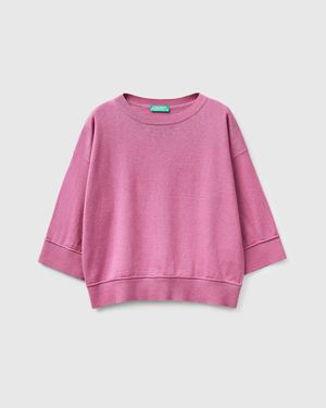 Benetton Benetton, Rundhalspullover Aus Baumwolle Und Wolle, Größe, Pflaume, Damen - Pink