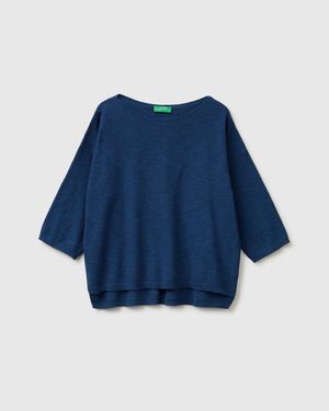 Benetton Benetton, Boxy Fit Linen Blend Jumper - Blue