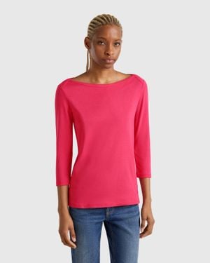 Benetton Benetton, T-Shirt Con Scollo A Barchetta 100% Cotone, Fragola, Donna - Rosso